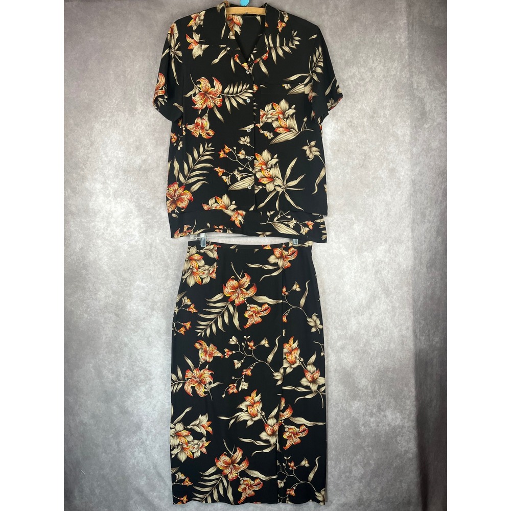 Vtg 100% Silk Floral 2 Piece Set M/L Black Tropical 90s Y2K Midi‎ Skirt & Blouse